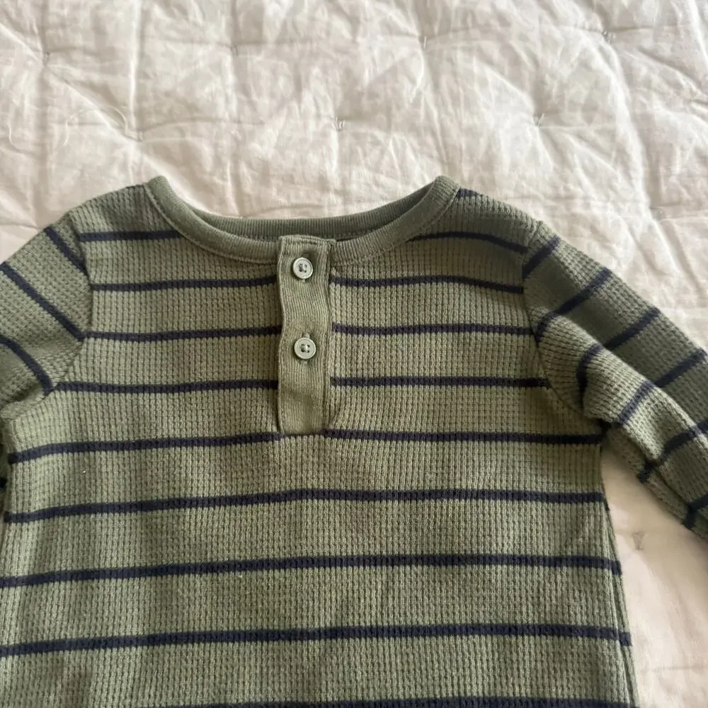 Carter’s Green Stripe Henley Romper Ribbed Thermal Waffle Knit Baby Boy 9 Months